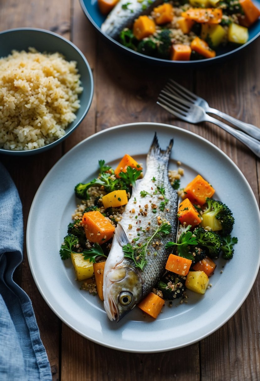 A plate of Greek spiced swai fish with roasted vegetables and a side of quinoa, set on a rustic wooden table