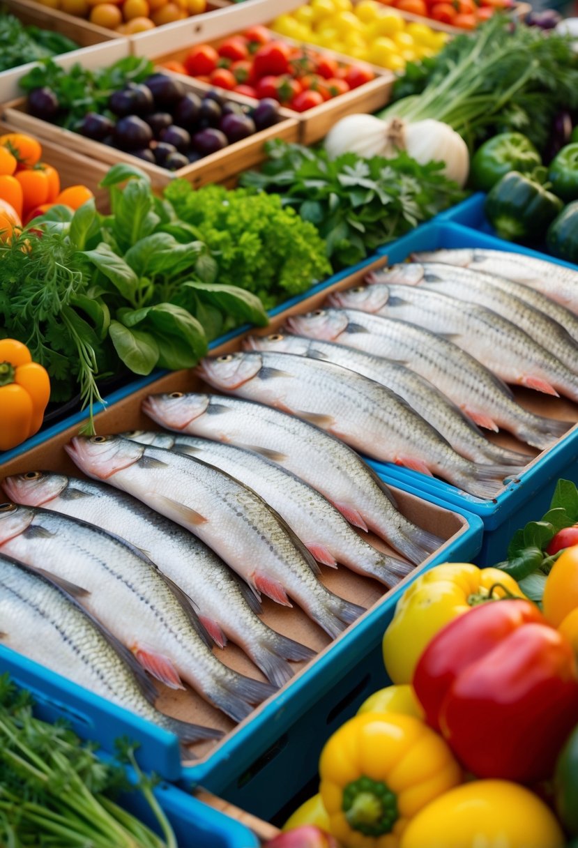 A colorful Mediterranean market stall with fresh swai fillets, surrounded by vibrant vegetables and herbs