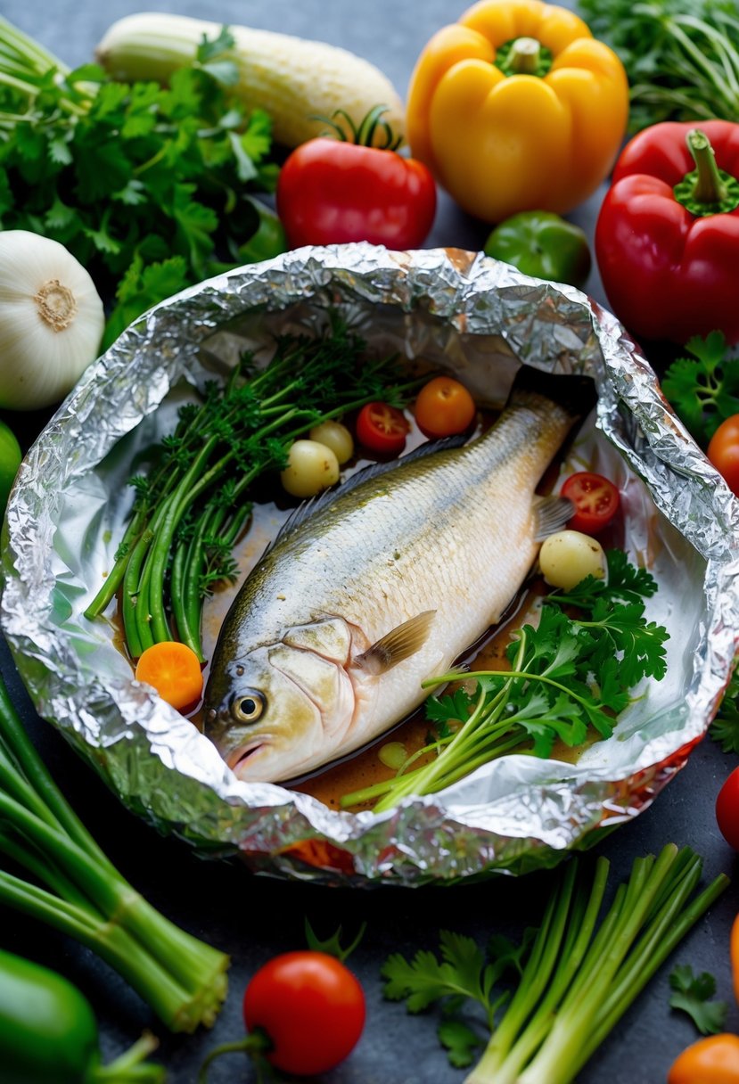 A colorful array of fresh vegetables and herbs surround a perfectly cooked swai fish fillet wrapped in foil, ready to be served