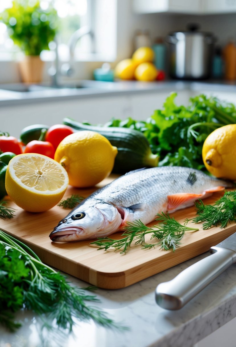 A bright kitchen with fresh lemon, dill, and a fillet of swai fish on a cutting board, surrounded by colorful vegetables and herbs