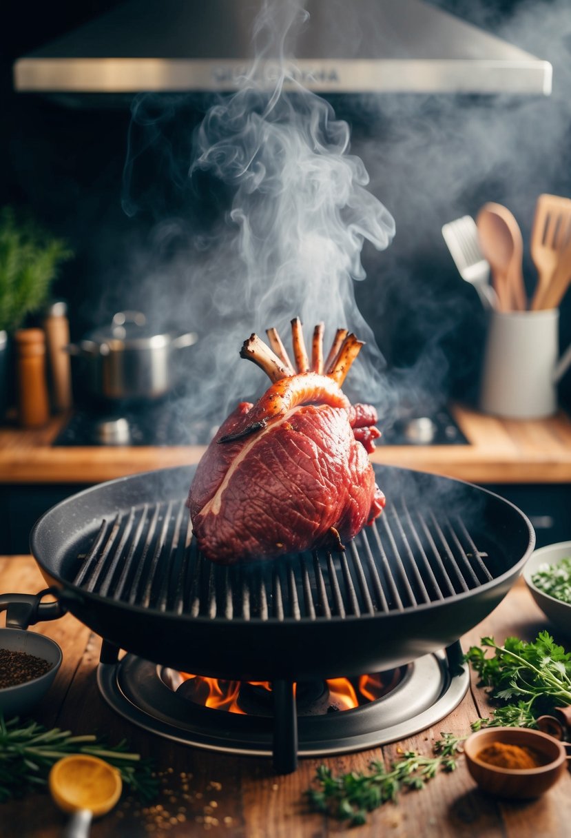 A smoky kitchen with a sizzling beef heart on a grill, surrounded by herbs, spices, and cooking utensils