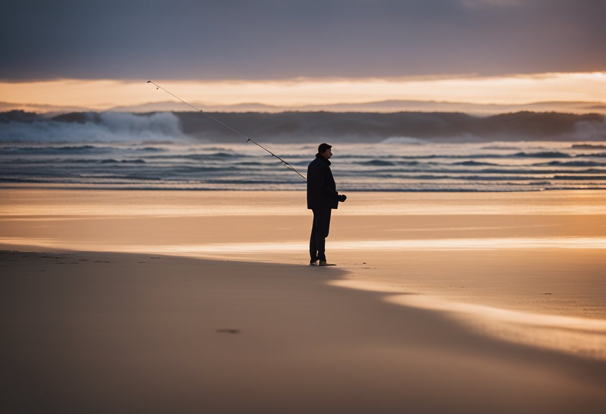 A lone figure stands on the sandy shore, casting a line into the calm waters of the Outer Banks, surrounded by the soft glow of the setting sun