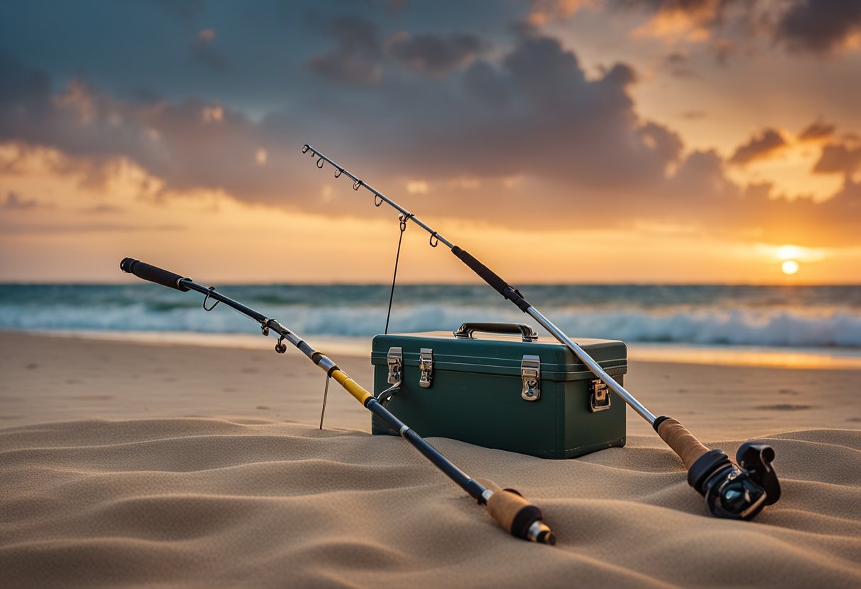 A serene beach at dawn with a calm ocean, a fishing rod and tackle box on the sand, and a colorful sunrise sky