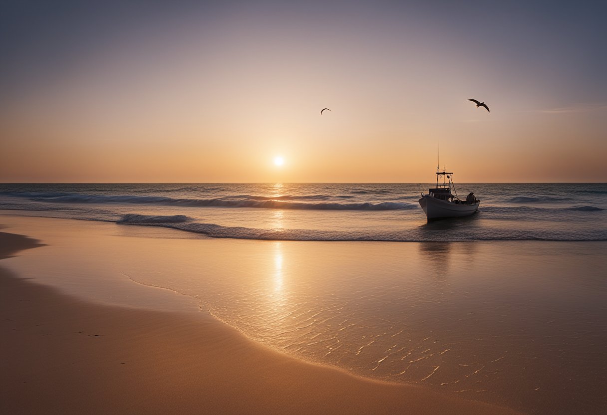 A serene beach at sunrise, with a calm ocean and a lone fishing boat on the horizon. Seagulls circle above as the sun casts a warm glow over the scene