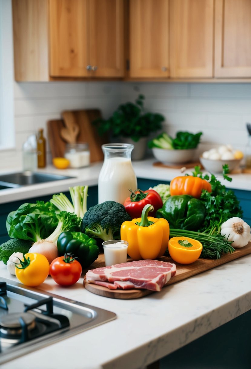 A kitchen counter with various fresh ingredients, including vegetables, meat, and dairy, arranged neatly for cooking keto-friendly recipes