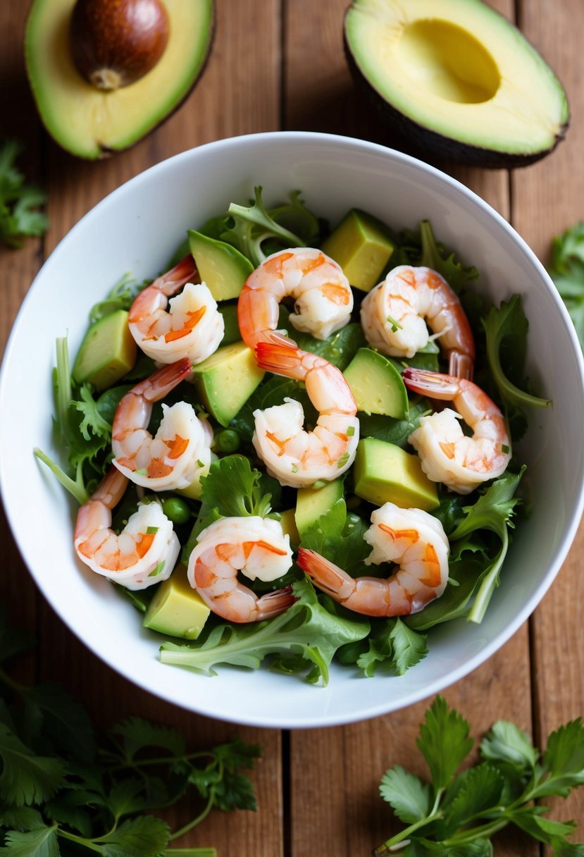 A bowl of avocado shrimp salad surrounded by fresh ingredients on a wooden table