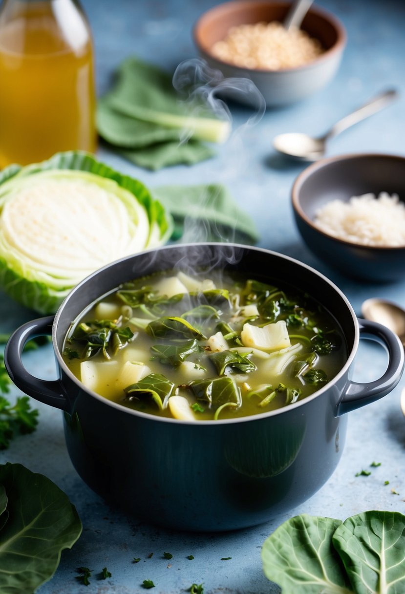 A steaming pot of collard greens and cabbage soup surrounded by keto-friendly ingredients