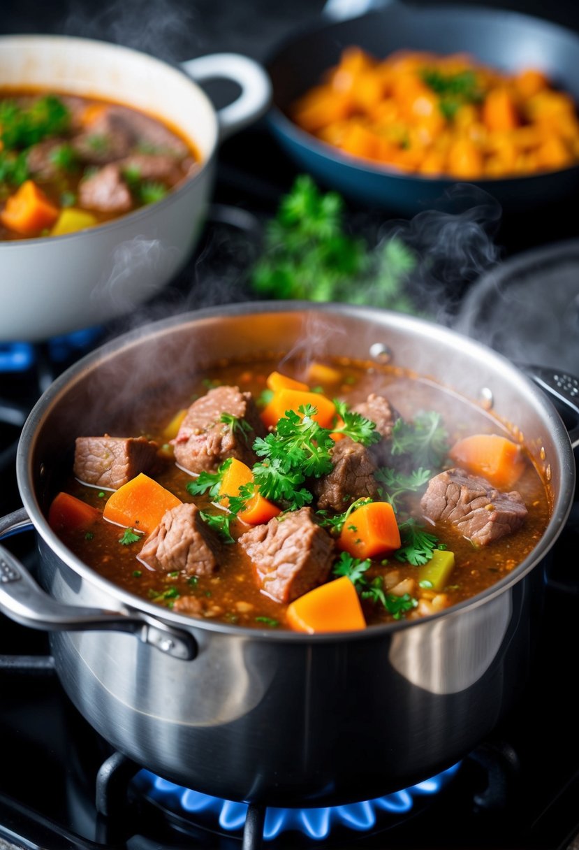 A steaming pot of keto beef stew with chunks of tender meat, colorful vegetables, and aromatic herbs simmering on a stovetop