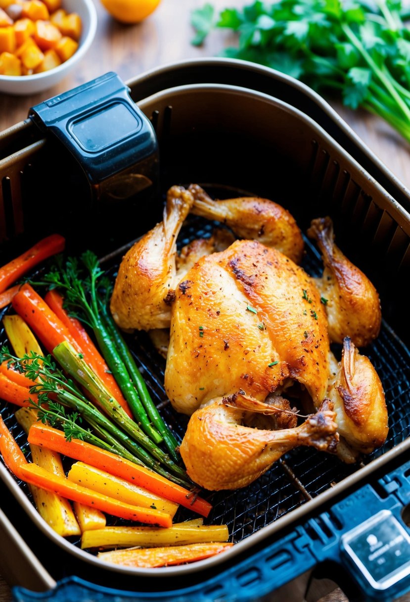 A sizzling air fryer basket filled with golden-brown chicken and a colorful array of roasted vegetables