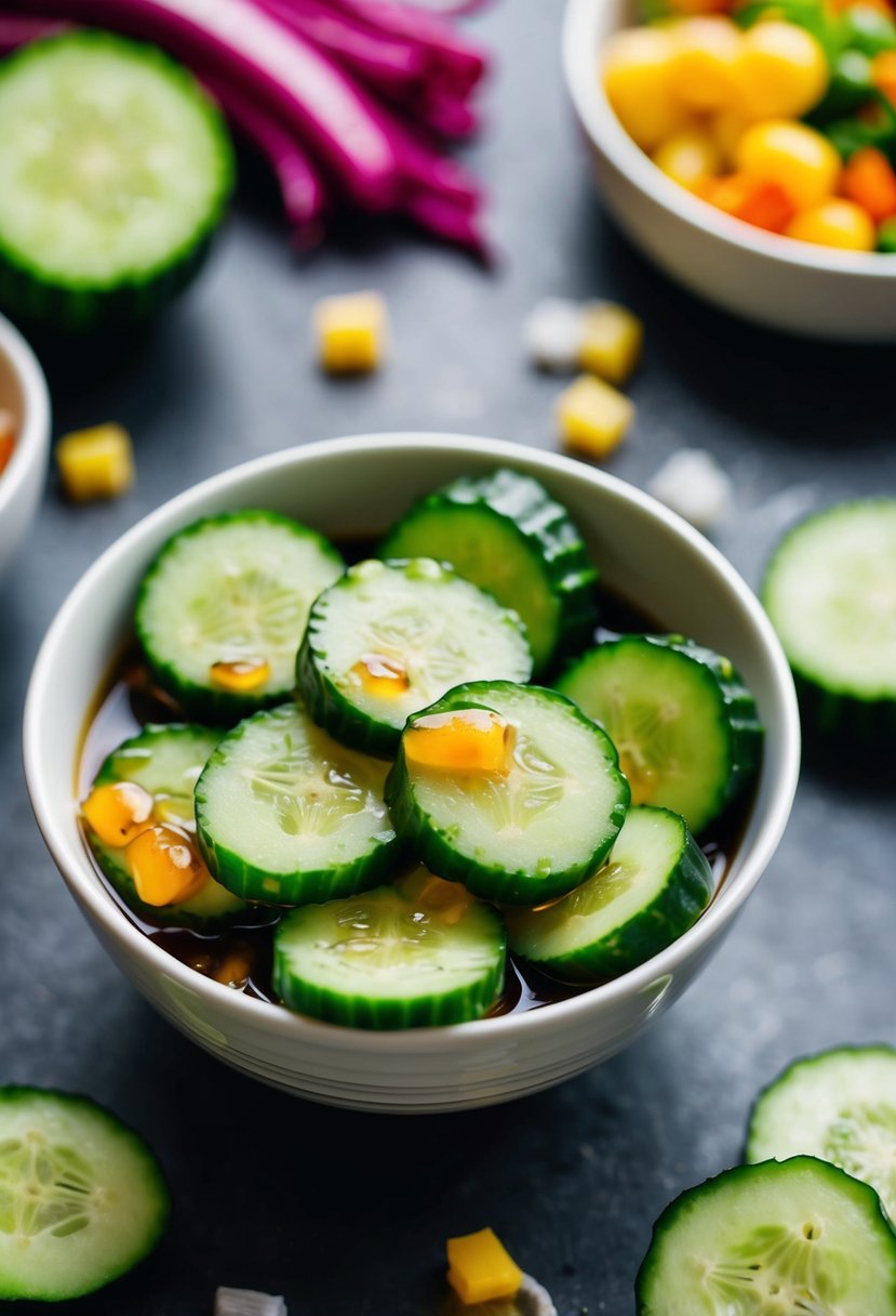 A bowl of sliced cucumbers in a tangy, sweet and sour dressing, surrounded by colorful keto-friendly ingredients