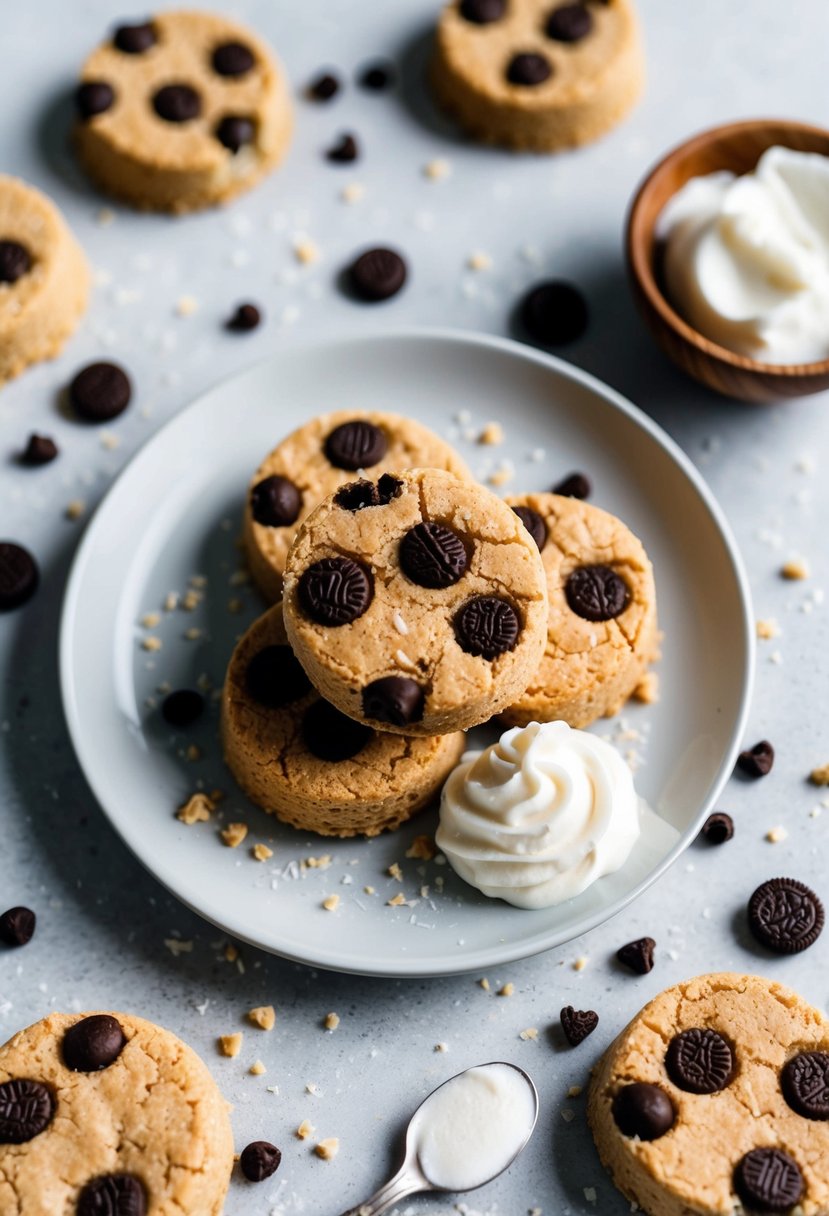 A plate of Vegan Keto Cookies 'N Cream Fat Bombs surrounded by scattered cookie crumbs and a dollop of coconut cream