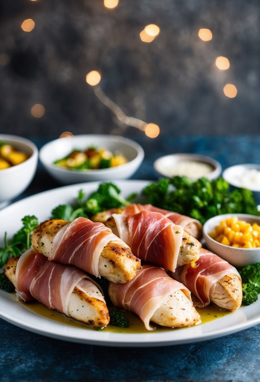 A platter of prosciutto-wrapped chicken with keto-friendly side dishes