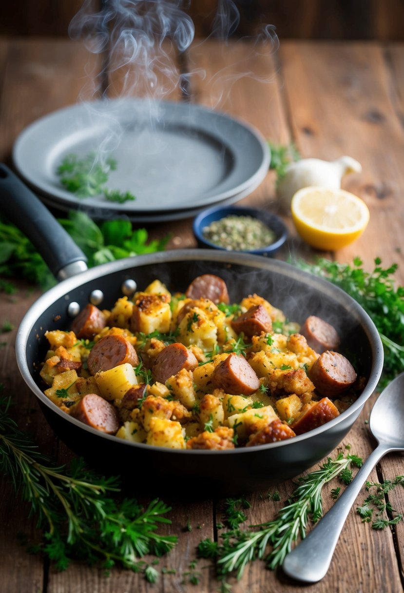 A rustic wooden table set with a steaming pan of sausage and herb keto stuffing, surrounded by fresh herbs and spices