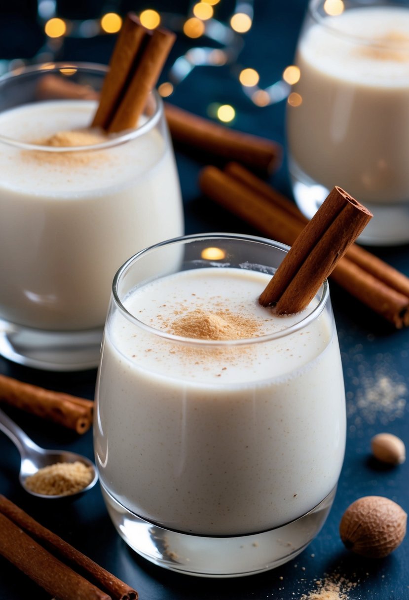 A festive glass of keto eggnog surrounded by cinnamon sticks and nutmeg