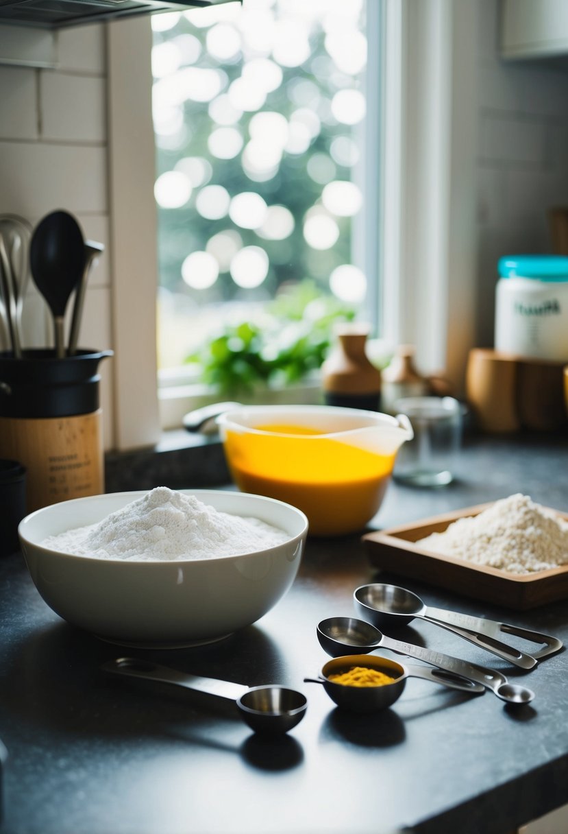 A kitchen counter with agar agar powder, measuring spoons, and various ingredients for making recipes