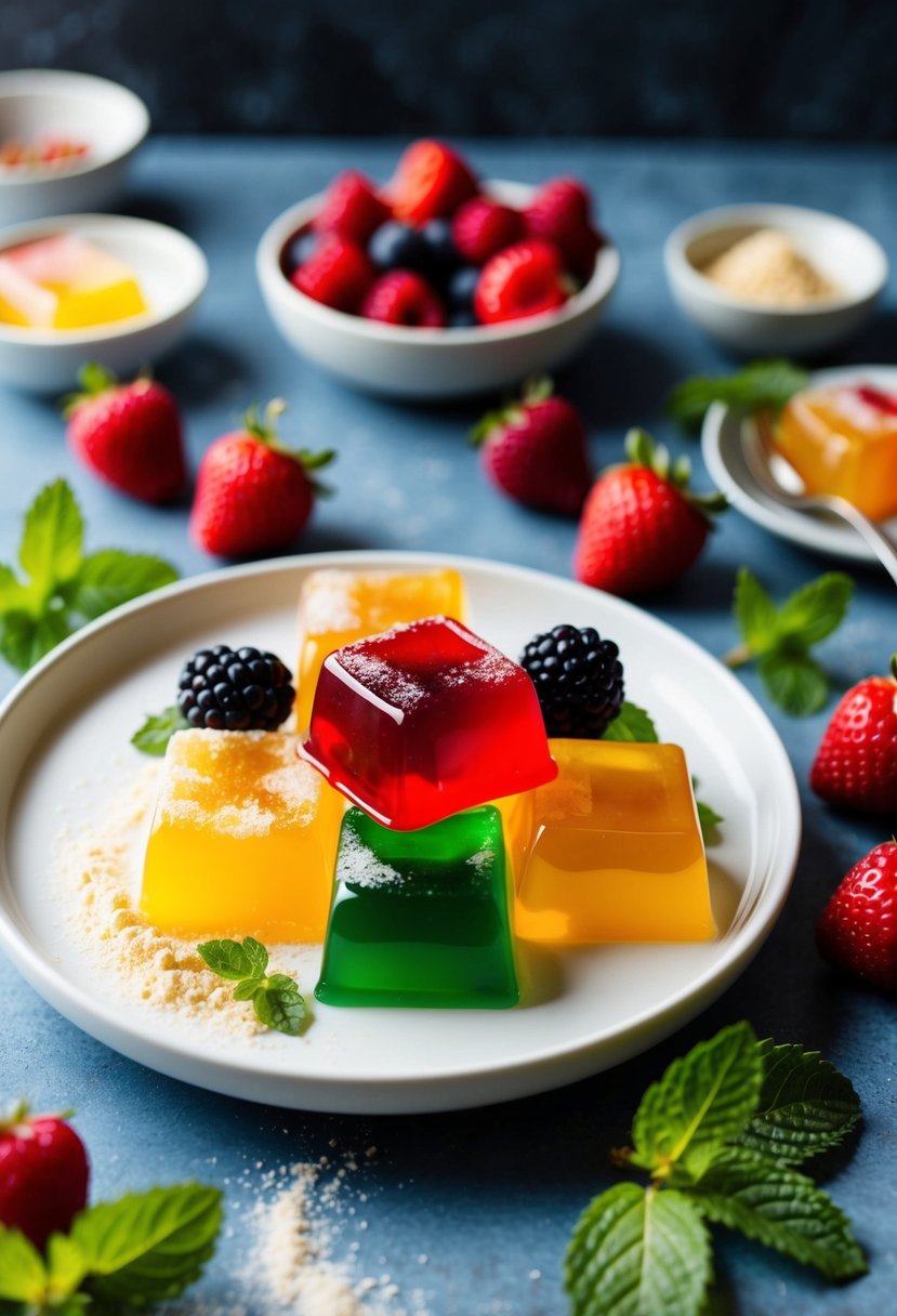 A bowl of colorful fruit jelly squares set on a white plate, surrounded by fresh berries and mint leaves, with a sprinkle of agar agar powder on the side