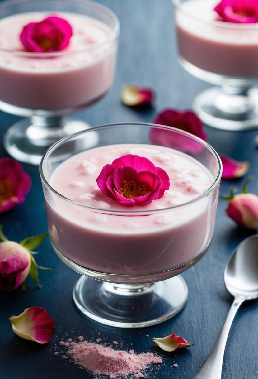 A glass dish of set rose milk agar pudding, surrounded by scattered agar agar powder and fresh rose petals