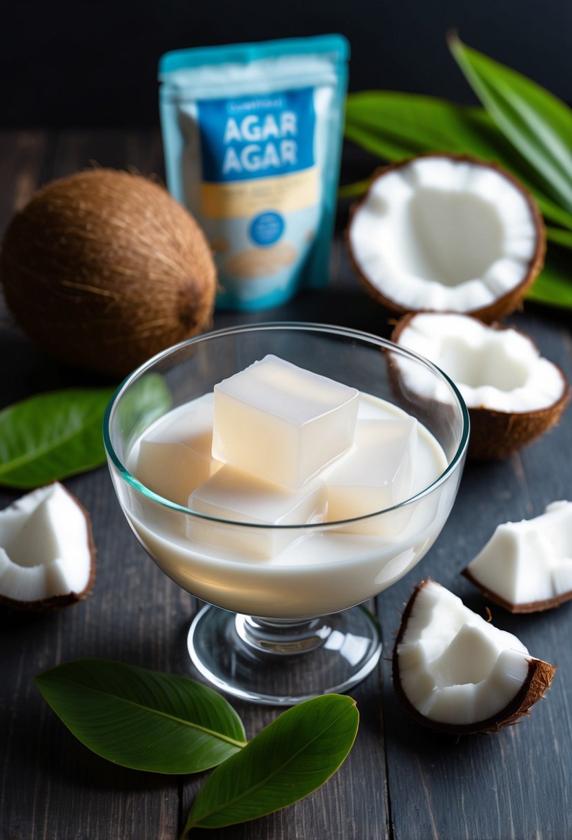 A glass bowl filled with coconut agar jelly, surrounded by coconut pieces and a packet of agar agar powder