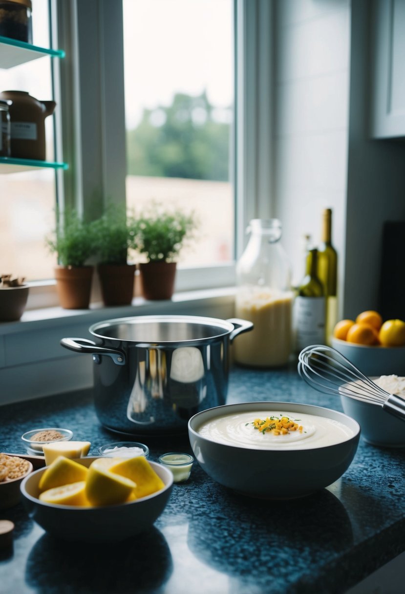 A kitchen counter with ingredients, a pot, and a whisk, with a bowl of creamy panna cotta setting in the fridge