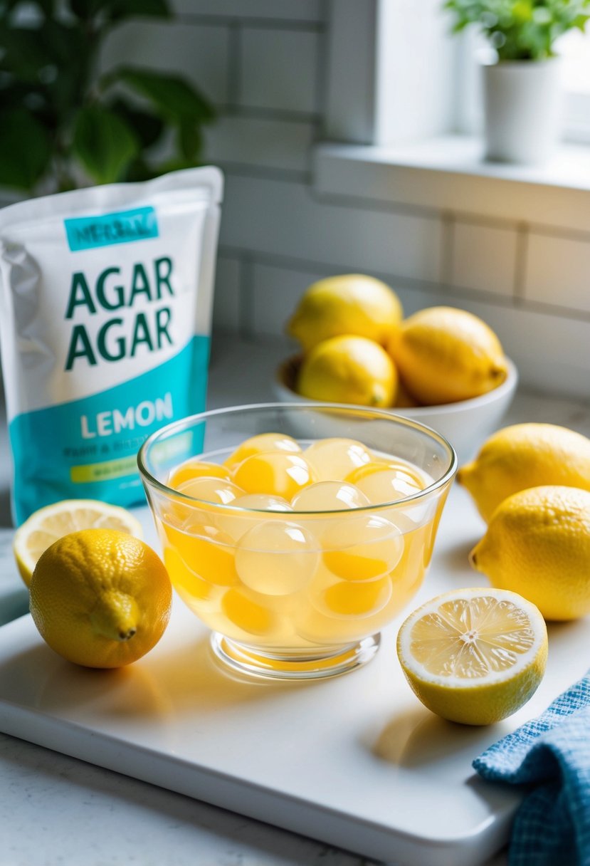 A glass bowl filled with lemon agar jelly, surrounded by fresh lemons and a packet of agar agar powder on a clean kitchen counter