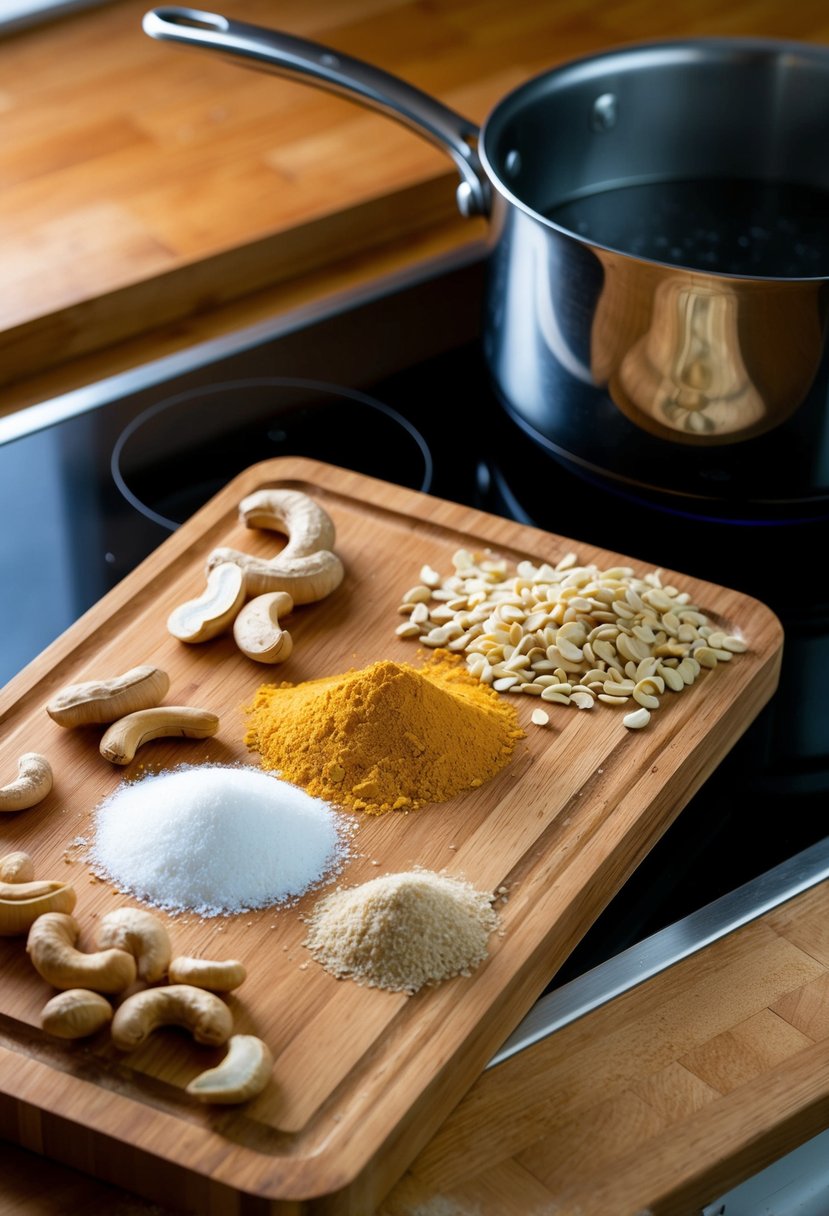 A wooden cutting board with cashews, agar agar powder, and nutritional yeast scattered around. A pot of boiling water on the stove