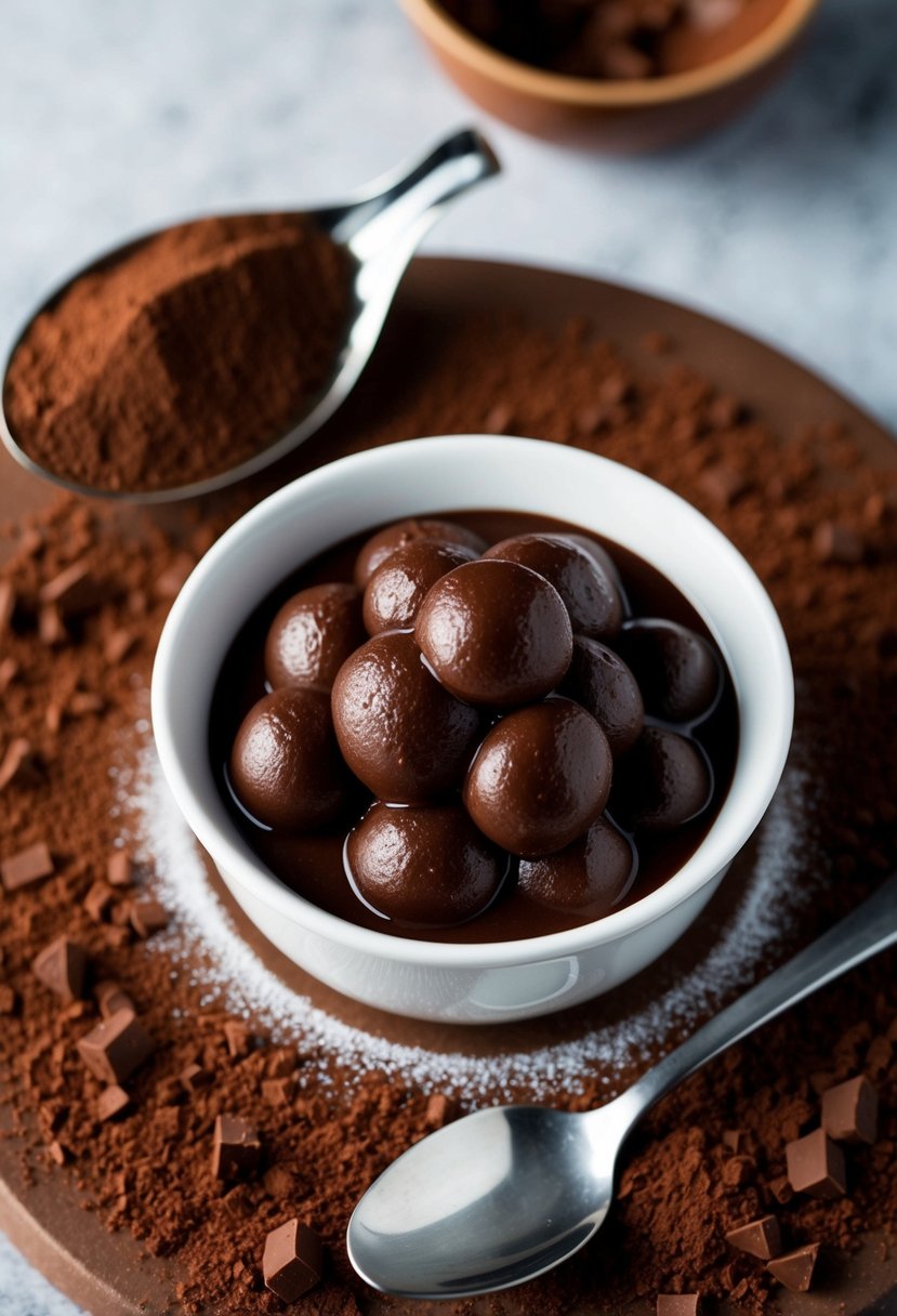 A bowl of chocolate agar pudding surrounded by agar agar powder and a spoon