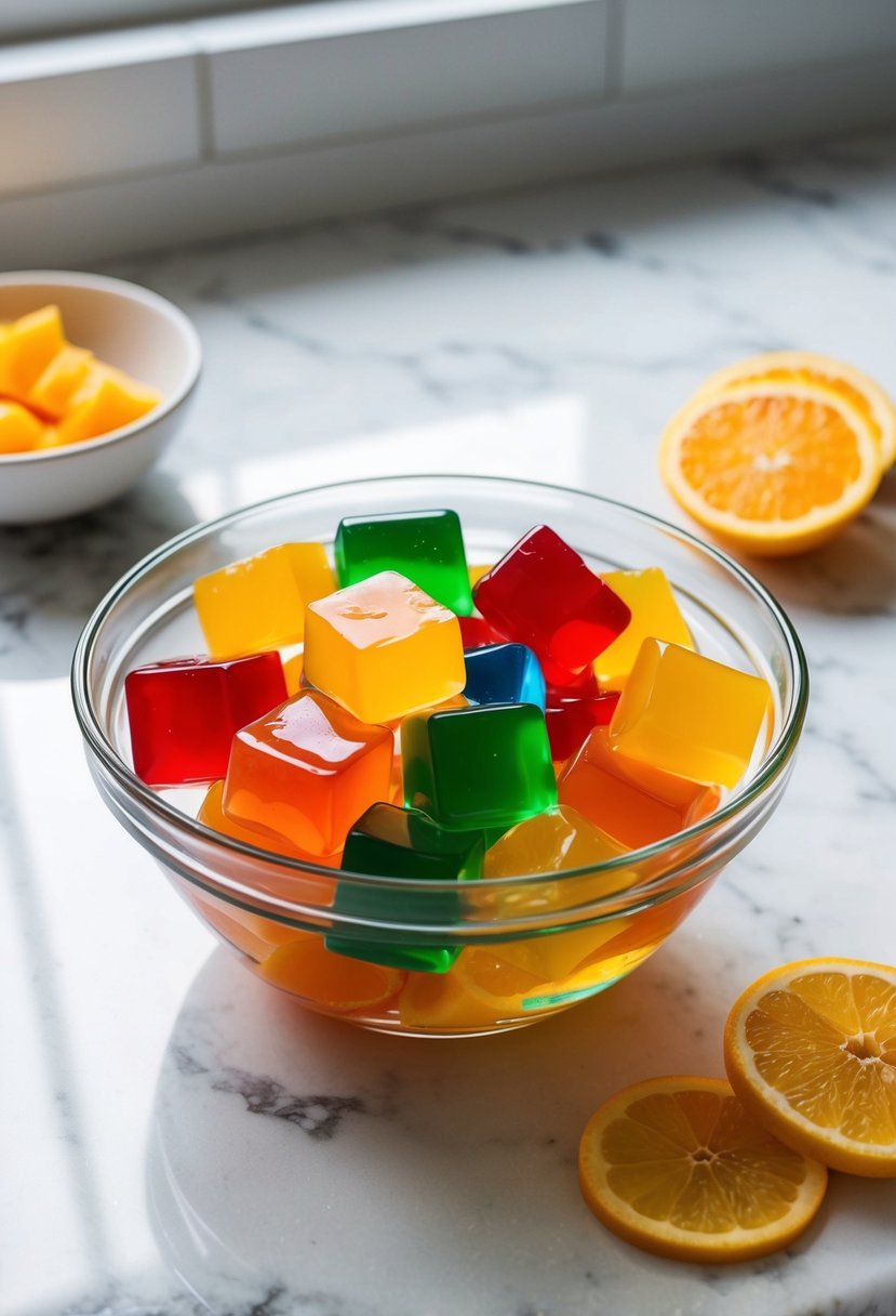 A clear glass bowl filled with colorful, jiggly kanten jelly cubes and fresh fruit slices on a white marble countertop