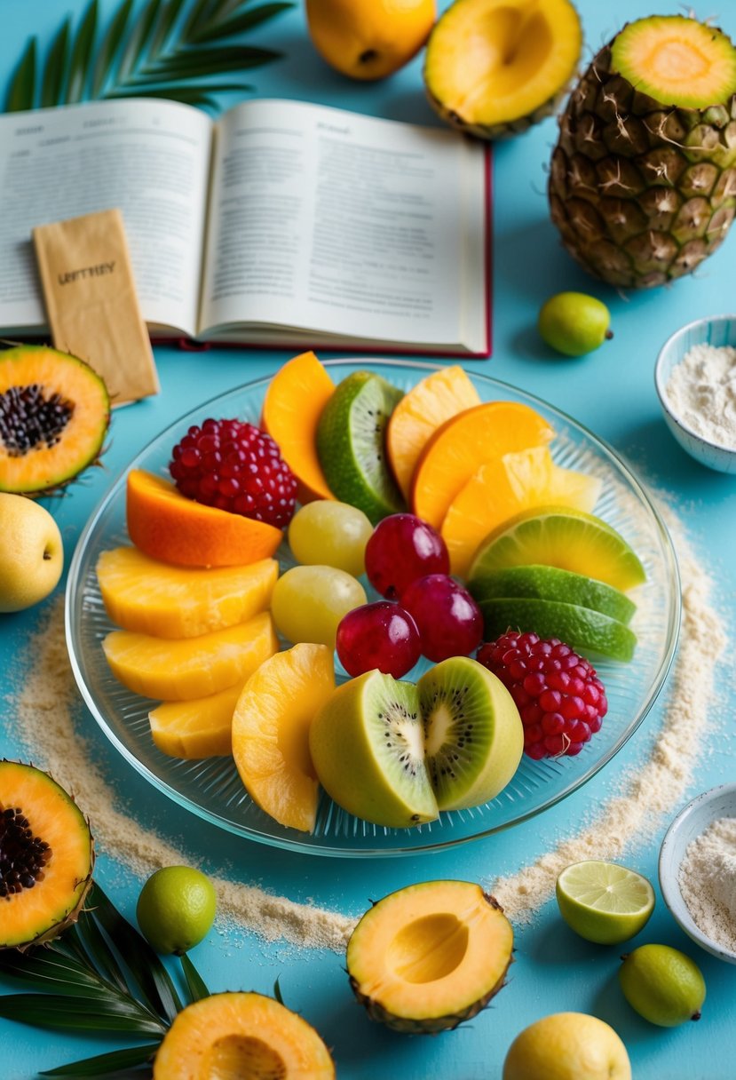 A vibrant assortment of tropical fruits arranged on a clear glass plate, surrounded by agar agar powder and a recipe book