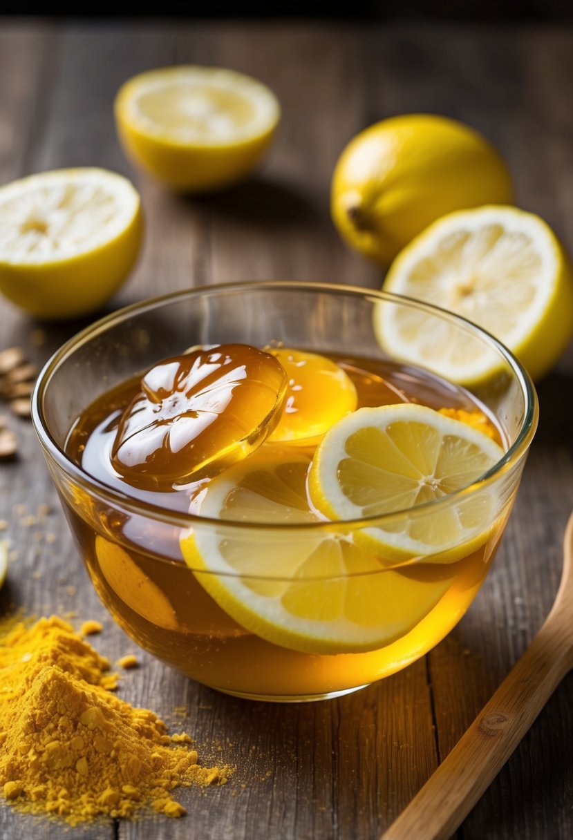 A glass bowl of honey and lemon agar jelly, with agar agar powder and fresh lemon slices scattered around on a wooden table