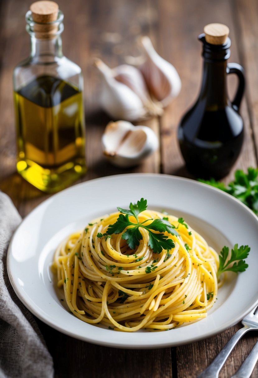 A steaming plate of spaghetti Aglio e Olio, garnished with fresh parsley, sits on a rustic wooden table next to a bottle of olive oil and a clove of garlic