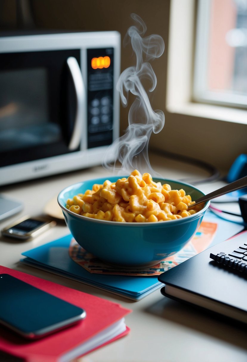 A steaming bowl of microwave mac and cheese sits on a cluttered dorm room desk