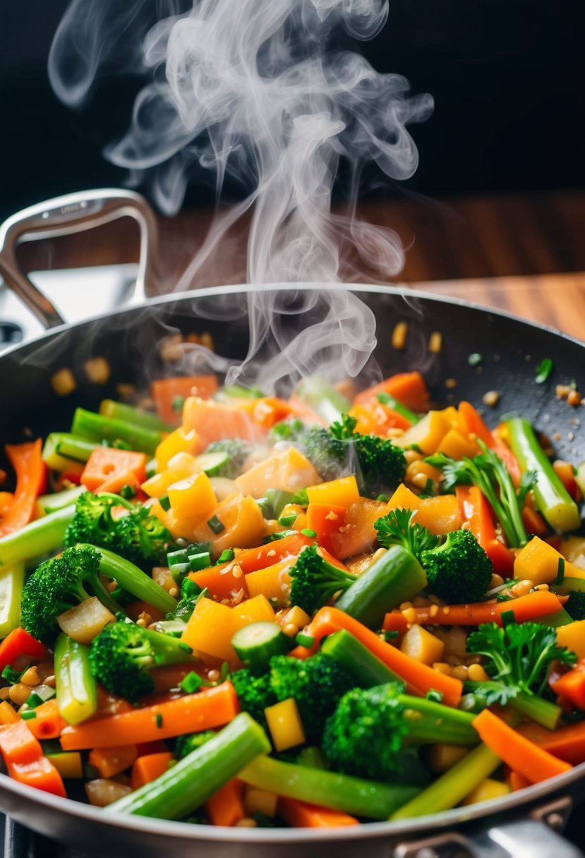 A colorful array of fresh vegetables sizzling in a hot skillet, steam rising as they are tossed together in a flavorful stir-fry sauce