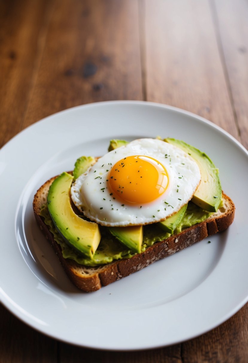 A plate of avocado toast topped with a sunny-side-up egg on a wooden table