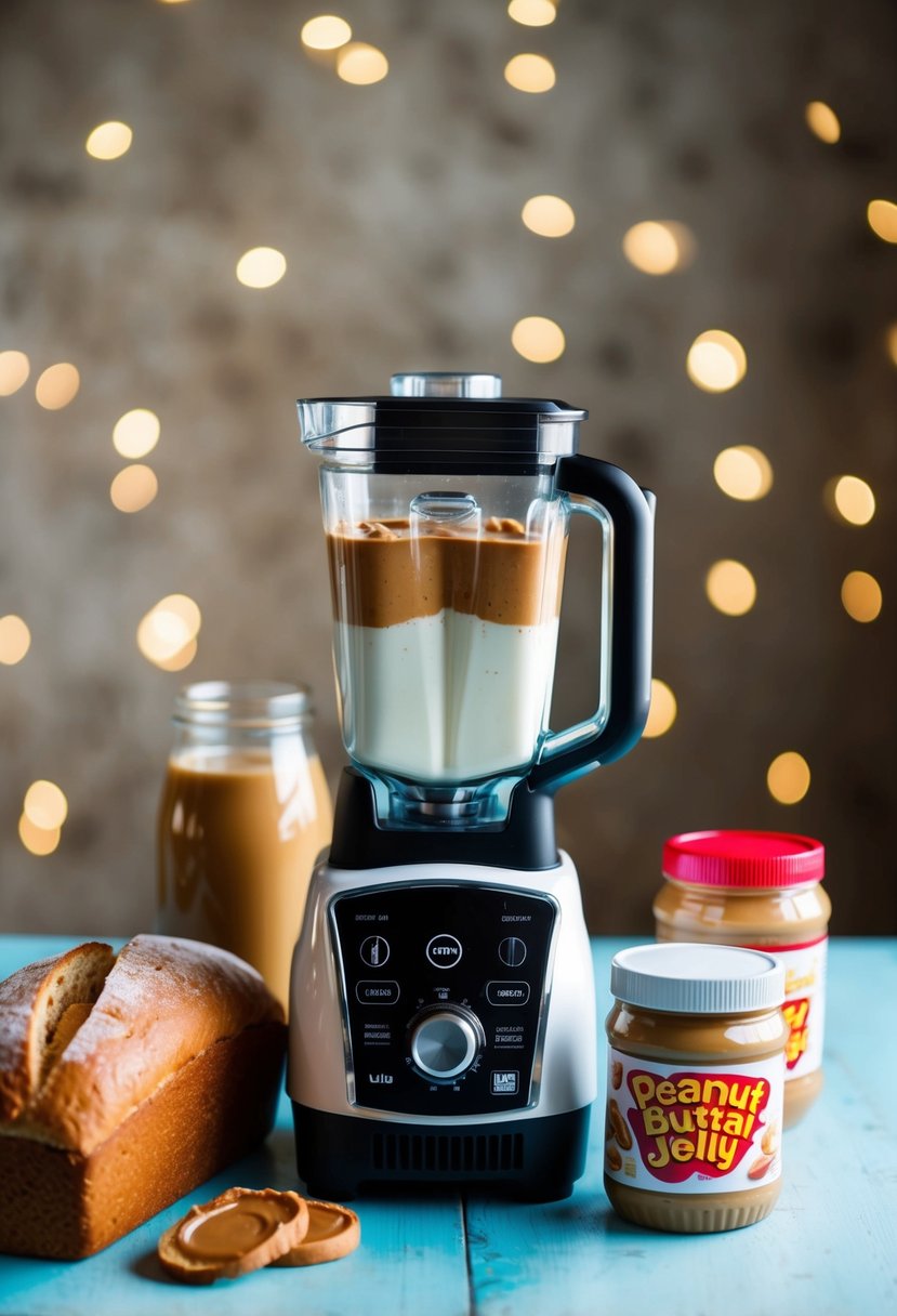 A blender filled with peanut butter, jelly, and milk, surrounded by a loaf of bread and a jar of peanut butter and jelly