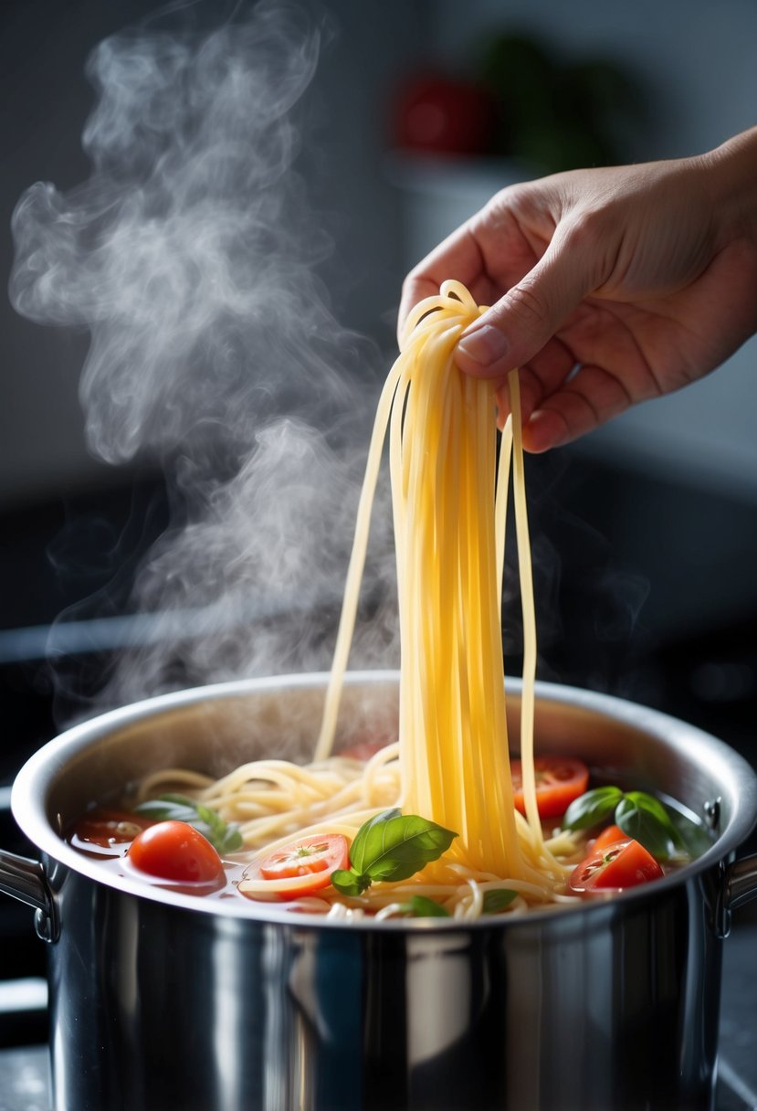 A pot of boiling water with pasta, tomatoes, and basil being added, steam rising