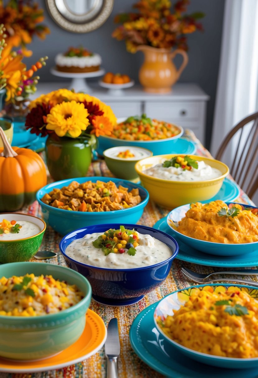 A festive table set with colorful dishes and bowls filled with various Paula Deen Thanksgiving dressing recipes