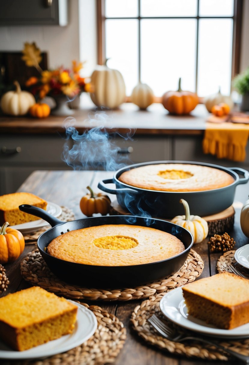 A rustic kitchen table set with a steaming pan of homemade cornbread and white bread dressing, surrounded by Thanksgiving decor