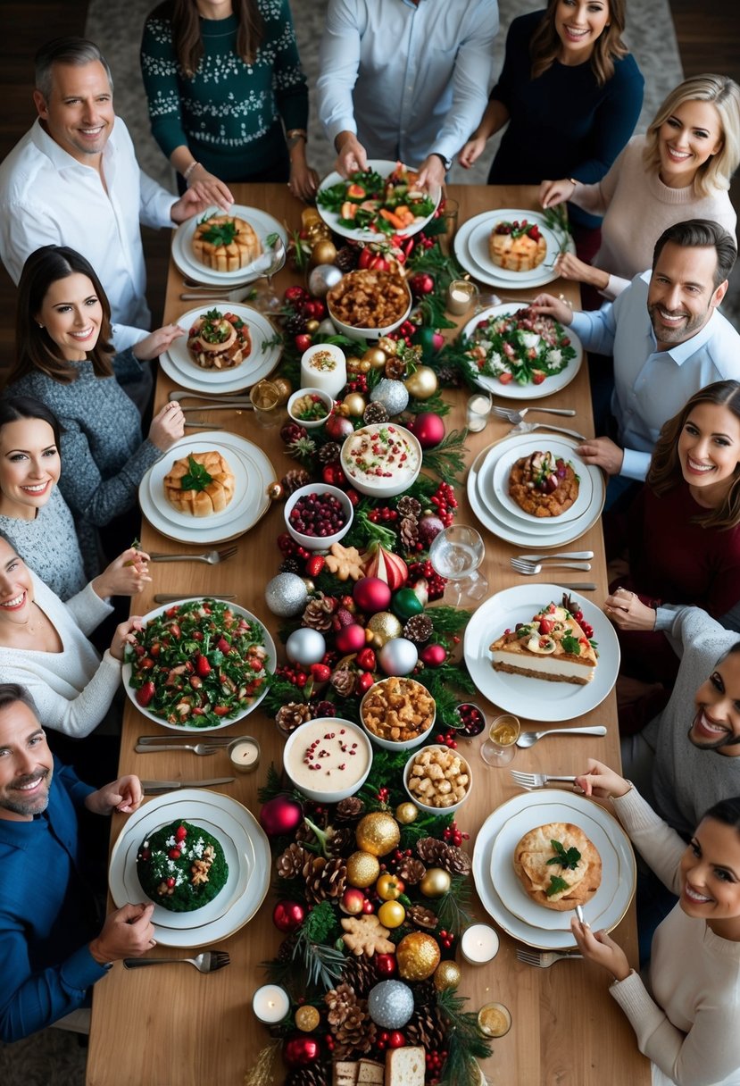 A festive table filled with assorted holiday dishes and desserts, surrounded by a joyful crowd of family and friends