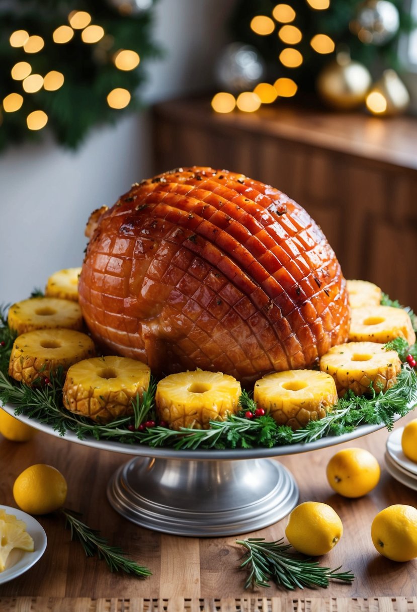 A golden-brown honey-glazed ham surrounded by pineapple slices and garnished with festive herbs on a large serving platter