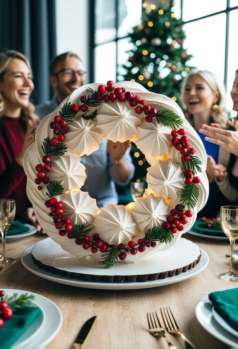 A festive wreath made of meringue and adorned with holiday berries, set on a table surrounded by joyful guests