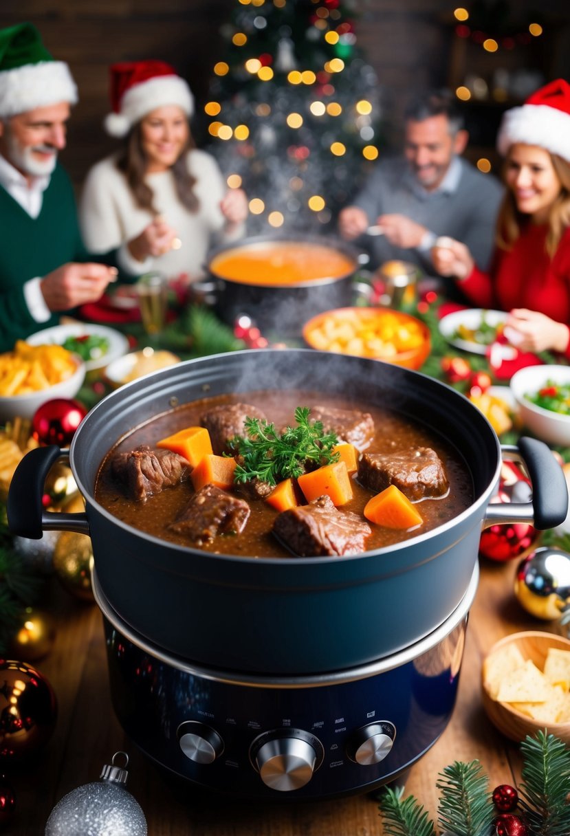 A large pot of steaming beef stew surrounded by festive holiday decorations and a gathering of hungry guests