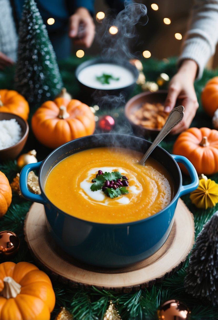 A steaming pot of butternut squash soup with coconut milk surrounded by festive holiday decorations and a gathering of people