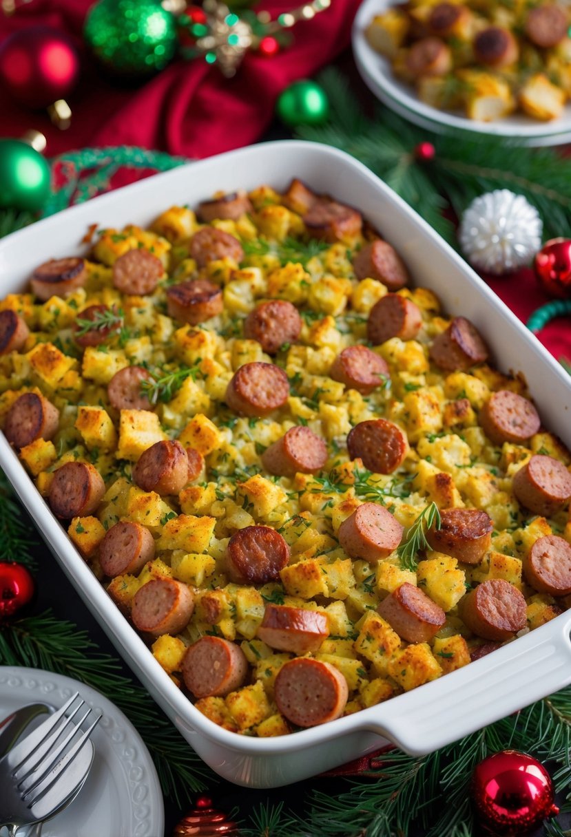 A large baking dish filled with golden brown sausage and herb stuffing, surrounded by festive Christmas decor and serving utensils