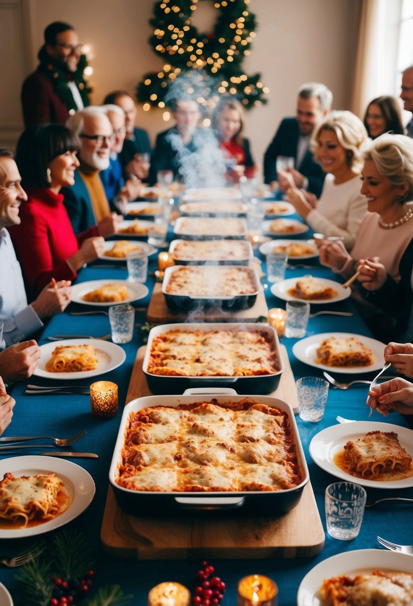 A festive table set with a steaming tray of lasagna, surrounded by holiday decorations and filled with a crowd of hungry guests