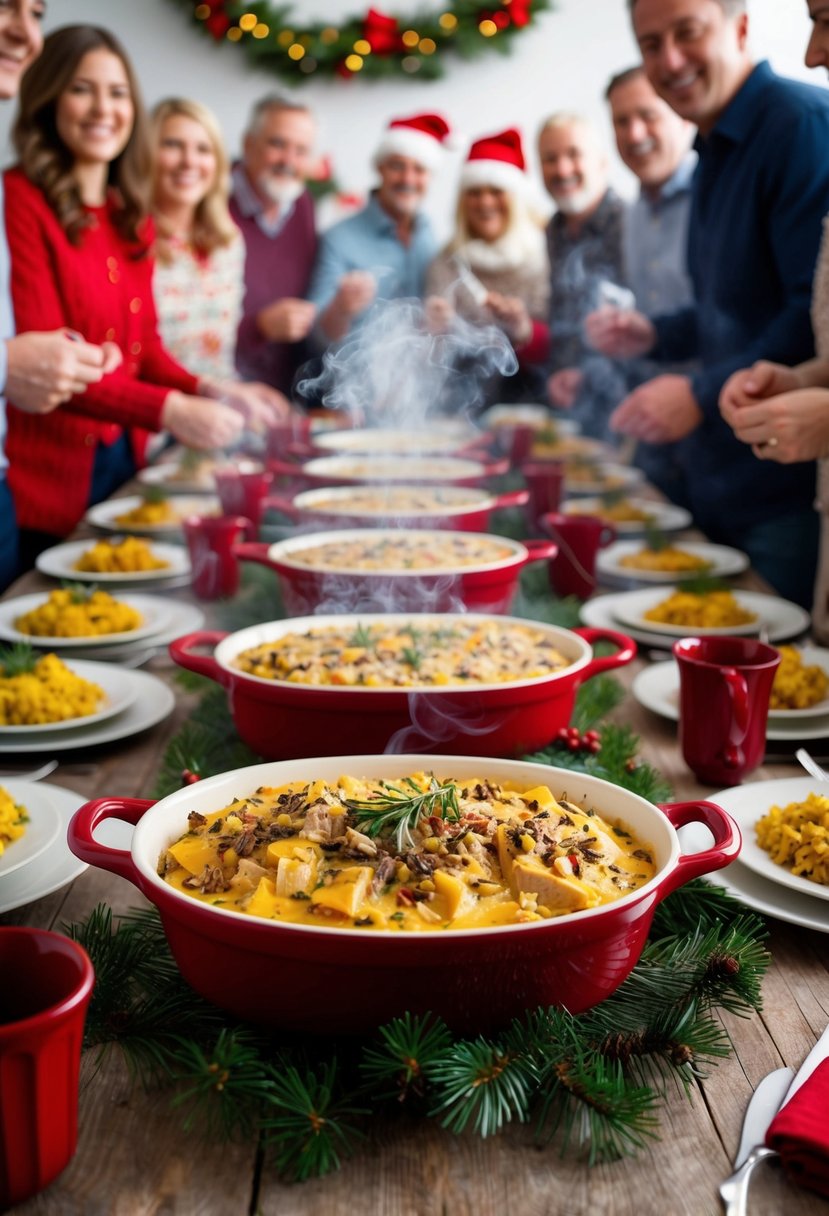 A festive table set with a steaming Chicken-and-Wild Rice Casserole surrounded by cheerful holiday decorations and a crowd of hungry guests