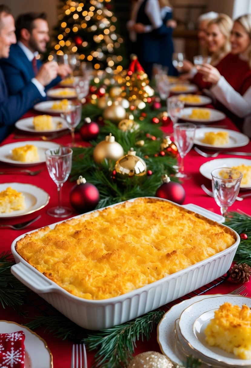 A festive table spread with a large casserole dish filled with golden, crispy twice-baked potato casserole, surrounded by festive Christmas decorations and a crowd of hungry guests