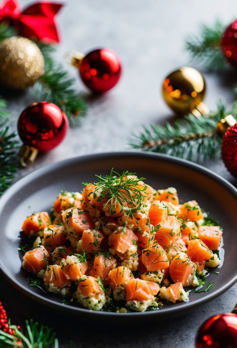 A platter of herbed salmon tartare surrounded by festive holiday decorations