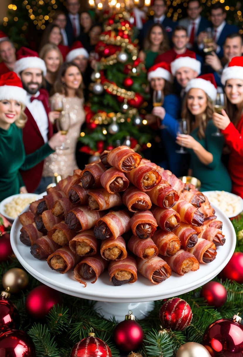 A platter of bacon-wrapped dates arranged around a festive centerpiece, surrounded by holiday decorations and a crowd of merry partygoers