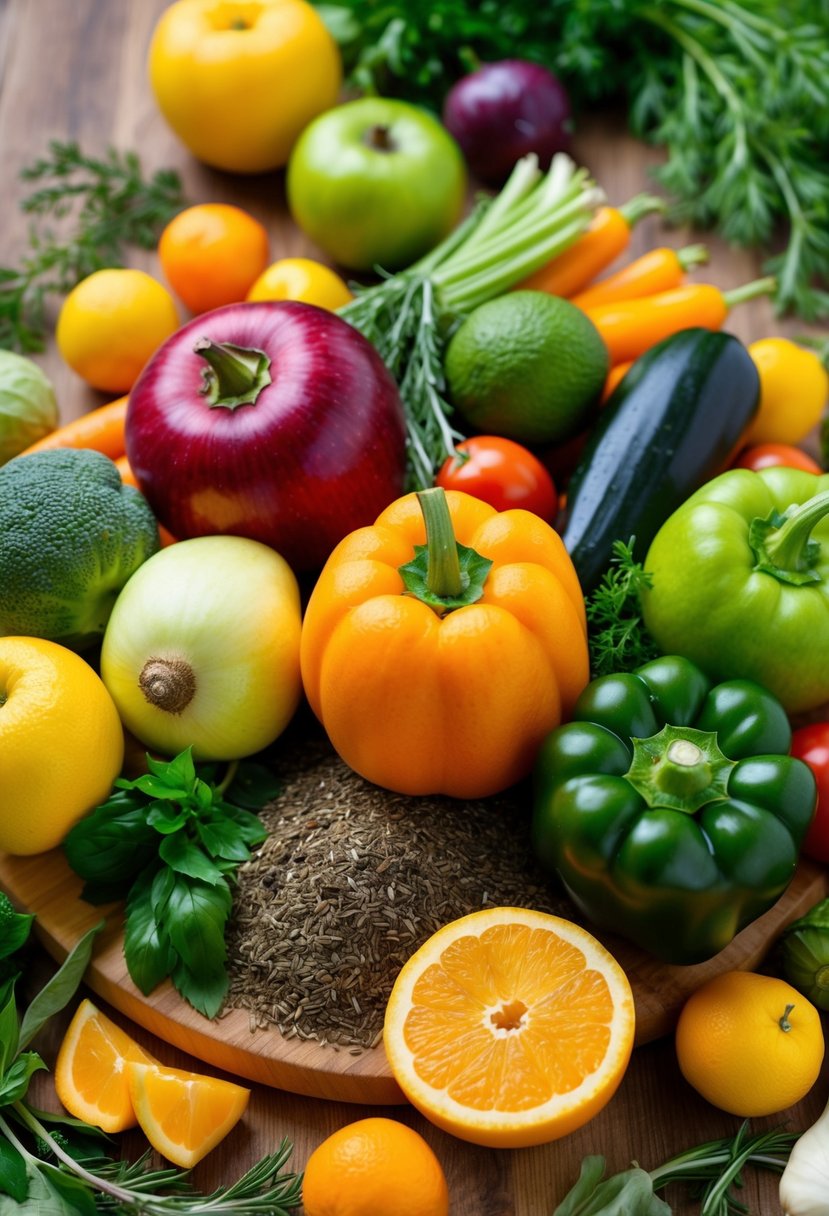 A colorful array of fresh fruits and vegetables, surrounded by herbs and spices, arranged on a wooden cutting board