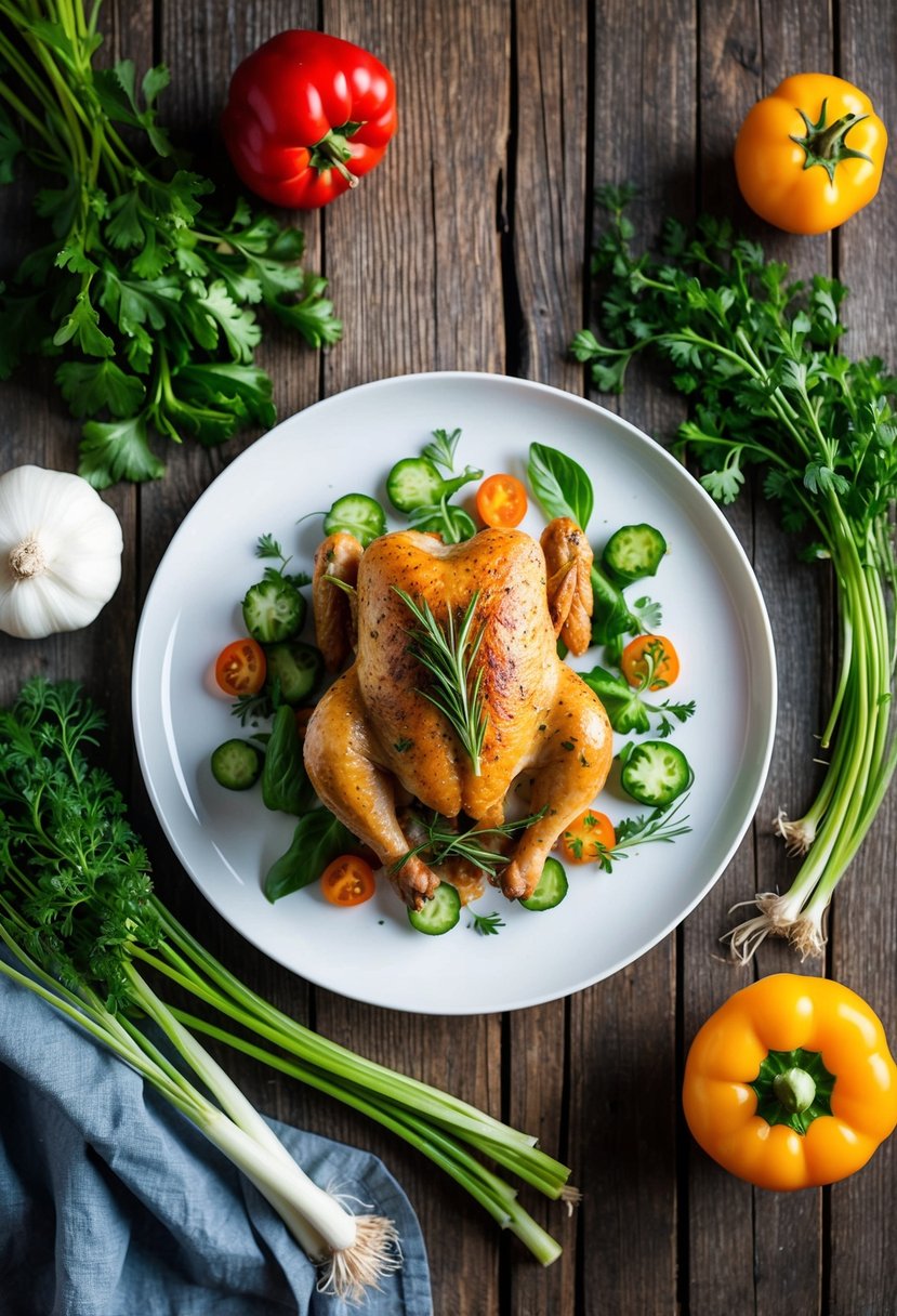 A plate of High-Protein Marry Me Chicken surrounded by fresh vegetables and herbs on a rustic wooden table